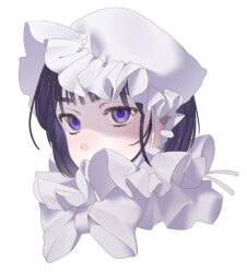 Rule 34 | 1girl, alien stage, black hair, commentary, covered mouth, cropped head, frills, hat, highres, onemu 0928, purple eyes, short hair, simple background, solo, sua (alien stage), white background, white hat