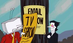 2boys animated animated_gif ant_tenna black_hair deltarune glasses heterochromatic_eyewear highres long_sleeves looney_tunes male_focus multiple_boys necktie object_head peachducy scene_reference sign smile spamton_g._spamton tinted_eyewear yellow_necktie