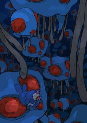 air_bubble animal_nose aomon_(yuuji7604) bubble closed_eyes crowd facial_mark gen_1_pokemon gen_7_pokemon highres lying_on_pokemon nintendo no_humans open_mouth pokemon pokemon_(creature) pokemon_focus popplio school_of_fish seal_(animal) sleepy tentacles tentacool tentacruel underwater water whisker_markings
