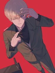 1boy arm_up banil_nil black_shirt black_shoes blue_eyes brown_jacket brown_pants brown_suit character_name commentary_request formal_clothes gundam gundam_gquuuuuux highres jacket korean_commentary lapels layered_sleeves long_sleeves looking_to_the_side male_focus notched_lapels one_eye_covered pants parted_lips red_background shirouzu_(gundam) shirt shoes sideways_glance simple_background solo standing suit suit_jacket teeth