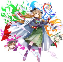 &gt;_&lt; 3girls alternate_costume bamboo black_hat black_shirt blonde_hair blush boots breasts brown_hair closed_mouth coat coat_on_shoulders energy fingerless_gloves full_body game_cg gloves green_hair green_skirt hat highres knee_boots long_hair long_sleeves looking_at_viewer matara_okina matara_okina_(student_leader_behind_the_scenes) multicolored_neckerchief multiple_girls myouga_(plant) neckerchief nishida_satono official_art open_clothes open_coat open_mouth pleated_skirt pocket purple_boots red_gloves rotte_(1109) shirt short_hair_with_long_locks skirt smile solo_focus tate_eboshi teireida_mai third-party_source touhou touhou_lostword translation_request transparent_background very_long_hair white_coat yellow_eyes yo-yo
