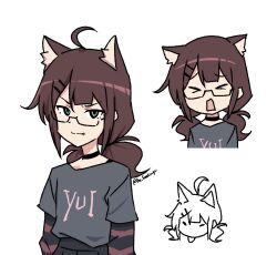 &gt;_&lt; 1girl animal_ear_fluff animal_ears artist_self-insert black_choker cat_boy cat_ears choker closed_mouth fang glasses green_eyes grey_shirt hair_ornament hairclip highres long_hair looking_at_viewer multiple_views open_mouth original print_shirt purple_hair shirt the_freakin_yui trap