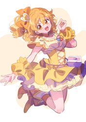 1girl ankle_socks boots bow brooch brown_hair choker clover clover_brooch cross-laced_clothes cross-laced_dress cure_pine detached_sleeves dress earrings eyelashes four-leaf_clover fresh_precure! frilled_dress frilled_sleeves frills full_body hair_between_eyes hair_bow hair_ornament head_tilt heart heart_earrings heart_hair_ornament high_heel_boots high_heels jewelry jumping light_blush looking_at_viewer magical_girl medium_hair miniskirt nail_polish open_mouth orange_boots orange_bow orange_choker orange_eyes orange_socks pleated_dress ponytail precure puffy_short_sleeves puffy_sleeves ribbon-trimmed_dress ribbon_trim serizawa_serizane short_dress short_ponytail short_sleeves side_ponytail skirt skirt_under_dress smile socks solo tareme twitter_username two-tone_background waist_bag white_background white_bag white_skirt yamabuki_inori yellow_background yellow_dress yellow_nails yellow_sleeves yellow_theme