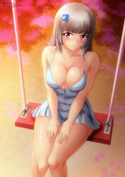 1girl absurdres angry animal_hair_ornament blush breasts character_hair_ornament cherry_blossoms cleavage collarbone dress grey_dress grey_hair hair_ornament highres kanna_albeecht large_breasts long_hair looking_at_viewer petals red_eyes sega sitting sleeveless sleeveless_dress sonic_(series) sonic_the_hedgehog swing yukino_memories zel-sama