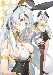 1girl asymmetrical_legwear bird black_bird black_leotard detached_collar gloves hair_ornament high_heels highres jamama leotard long_hair multiple_views playboy_bunny rabbit_hair_ornament solo white_hair wrist_cuffs yellow_eyes yixuan_(zenless_zone_zero) zenless_zone_zero