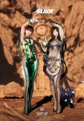 2girls 3d absurdres black_hair blue_eyes blunt_bangs bodysuit breasts brown_eyes cleavage cleavage_cutout clothing_cutout copyright_name eve_(stellar_blade) fingerless_gloves gloves green_bodysuit green_necktie grey_bodysuit heart heart_hands heart_hands_duo highres multicolored_bodysuit multiple_girls necktie official_art official_wallpaper planet_diving_suit_(7th)_(stellar_blade) pout raven_(stellar_blade) raven_suit_(stellar_blade) stellar_blade swept_bangs
