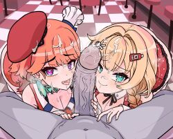 1boy 2girls after_fellatio akai_haato akai_haato_(1st_costume) aqua_eyes beret blonde_hair breasts checkered_floor choker cleavage closed_mouth colored_skin cooperative_fellatio cum cum_on_body cum_on_hair cum_string erection facial fellatio ffm_threesome grey_skin group_sex hat heart heart-shaped_pupils hololive hololive_english large_penis looking_at_viewer medium_breasts mini_hat moral_cacoethes multiple_girls neck_ribbon open_mouth oral penis purple_eyes ribbon stool symbol-shaped_pupils takanashi_kiara takanashi_kiara_(1st_costume) teamwork_(sexual) threesome uncensored veins veiny_penis virtual_youtuber