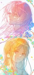 2girls absurdres bang_dream! bang_dream!_it&#039;s_mygo!!!!! blue_eyes brown_hair chihaya_anon chinese_commentary closed_mouth commentary_request falling_petals grey_eyes hair_between_eyes highres kanato04249580 long_hair looking_at_viewer multiple_girls nagasaki_soyo petals pink_hair portrait sidelocks simple_background white_background