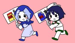 2girls black_eyes blue_hair blue_hood blue_shoes blush bseibutsu chibi chibi_only colored_skin cookie_(touhou) dress flour_(cookie) full_body green_shoes grey_dress holding holding_sign hood hood_up kumoi_ichirin milk_(cookie) multiple_girls murasa_minamitsu open_mouth pink_background running shirt shoes short_hair shorts sign simple_background smile touhou white_shirt white_shorts white_skin