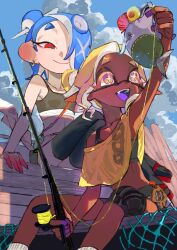 2girls black_bra black_shorts black_thighhighs blonde_hair blue_hair bra breasts bright_pupils cephalopod_eyes chest_sarashi closed_mouth collarbone colored_extremities colored_eyelashes colored_tongue creature cross-shaped_pupils dark-skinned_female dark_skin earrings fishing_rod frye_(splatoon) frye_(splatoon_raiders) hair_over_one_eye holding holding_creature holding_fishing_rod horizontal_pupils inkling itou_(golem_inc) jewelry knee_pads long_eyelashes long_pointy_ears looking_at_another medium_hair midriff multicolored_eyes multiple_girls nintendo octoling official_alternate_costume one_eye_covered open_mouth parted_bangs pointy_ears purple_eyes purple_tongue red_eyes red_sandals salmonid sandals sarashi shawl shiver_(splatoon) shiver_(splatoon_raiders) shorts single_knee_pad sitting small_breasts smallfry_(splatoon) smile splatoon_(series) splatoon_raiders symbol-shaped_pupils tentacle_hair thighhighs two-tone_eyes underwear white_pupils yellow_eyes yellow_shawl