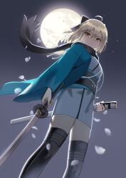 1girl absurdres ahoge black_scarf black_thighhighs blonde_hair blue_haori falling_petals fate/grand_order fate_(series) full_moon haori highres holding holding_sheath holding_sword holding_weapon japanese_clothes katana kimono moon motukan okita_souji_(fate) okita_souji_(koha-ace) petals scarf sheath short_kimono sword thighhighs weapon yellow_eyes