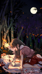 2girls absurdres ashes bamboo bamboo_forest black_hair blush bow embers feet fire foot_on_another&#039;s_face forest fujiwara_no_mokou hair_bow highres hime_cut houraisan_kaguya kourou_(kouroukun) long_hair long_skirt lying moon multiple_girls nature night ofuda ofuda_on_clothes on_back open_mouth pants pink_shirt red_eyes red_pants shirt skirt smile star_(sky) straddling suspenders torn_clothes torn_shirt torn_skirt torn_sleeves touhou very_long_hair white_bow white_hair white_shirt yuri
