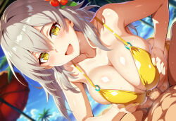 Rule 34 | 1boy, 1girl, alternate costume, beach umbrella, bikini, bilingual commentary, blue sky, blurry, blurry background, blush, breasts, breasts squeezed together, censored, collarbone, commentary, commentary request, day, dutch angle, english commentary, fingernails, grey hair, hair between eyes, highres, honkai: star rail, honkai (series), large breasts, long hair, looking at viewer, mixed-language commentary, mosaic censoring, open mouth, outdoors, paid reward available, paizuri, partial commentary, penis, pov, sky, smile, stelle (honkai: star rail), sweat, swimsuit, takashia (akimototakashia), trailblazer (honkai: star rail), umbrella, yellow bikini, yellow eyes, yellow nails