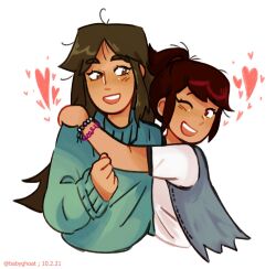 2girls brown_eyes brown_hair grin highres libby_stein-torres long_hair looking_at_viewer miceboggle molly_mcgee multicolored_hair multiple_girls open_mouth shirt short_hair smile streaked_hair sweater the_ghost_and_molly_mcgee upper_body very_long_hair yuri
