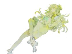 1girl ankle_boots boots dress expressionless flower flower_ornament hair_flower hair_ornament highres isekaijoucho jikabi_aburi kamitsubaki_studio long_hair long_sleeves pantyhose sidelocks sketch sunflower sunflower_hair_ornament wavy_hair white_boots white_hair yellow_dress yellow_eyes