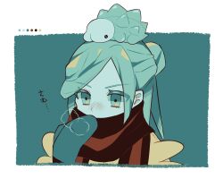 1boy border color_guide commentary_request eyelashes gen_8_pokemon green_background green_eyes green_hair green_mittens grusha_(pokemon) highres male_focus medium_hair mittens nintendo on_head pokemon pokemon_(creature) pokemon_on_head pokemon_sv portrait scarf scarf_over_mouth snom striped_clothes striped_scarf tokkyo_chuuyu white_border
