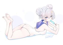 1girl ass azur_lane blue_eyes blush breasts commentary double_bun food grey_hair hair_bun hair_ornament hairclip highres holding holding_food holding_popsicle jade_(a_lick_of_summer)_(azur_lane) jade_(azur_lane) livetarica looking_at_viewer lying medium_breasts official_alternate_costume on_stomach one-piece_swimsuit popsicle sailor_collar sailor_one-piece_swimsuit simple_background solo swimsuit thighs toes white_background white_one-piece_swimsuit