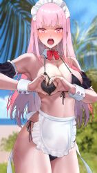 1girl 404_(pixiv_94263879) absurdres apron bare_shoulders beach bikini black_bikini black_nails black_sleeves blue_sky blurry blurry_background blush bow bowtie breasts cleavage cloud cloudy_sky collarbone commentary day detached_collar detached_sleeves fingernails frilled_apron frills heart heart_hands highres hololive hololive_english large_breasts long_hair looking_at_viewer maid_apron maid_headdress mori_calliope nail_polish ocean open_mouth outdoors pink_eyes pink_hair red_bow red_bowtie sand short_sleeves side-tie_bikini_bottom sky solo sweat swimsuit teeth thighs tongue virtual_youtuber waist_apron white_apron white_wrist_cuffs wrist_cuffs