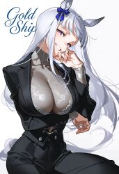 1girl animal_ears black_jacket black_pants blue_ribbon bow breasts character_name ear_ribbon formal_clothes gold_ship_(umamusume) grey_hair grin highres horse_ears horse_girl horse_tail jacket kisaragi_shokuin large_breasts long_hair pant_suit pants purple_eyes ribbon smile solo suit suit_jacket tail teeth umamusume