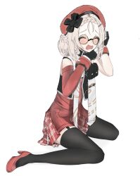 1girl beret black_gloves black_thighhighs blonde_hair blush closed_mouth commentary english_commentary fang fingerless_gloves full_body garter_straps girls&#039;_frontline girls&#039;_frontline_2:_exilium gloves hat high_heels highres mp5_(girls&#039;_frontline) open_mouth pecheneg_ovs plaid_clothes plaid_skirt pleated_skirt red-tinted_eyewear red_hat red_shoes red_skirt round_eyewear shoes simple_background sitting skin_fang skirt solo tearing_up thighhighs tinted_eyewear wariza white_background