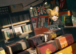 1girl animal_ears black_shirt blonde_hair chain chain_necklace ebiri_fy fox_ears fox_girl highres holding_record indoors jewelry long_sleeves looking_at_viewer necklace open_mouth original scenery shirt short_hair smile solo standing yellow_eyes