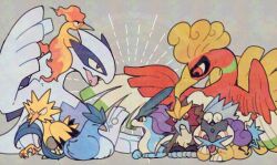 animal_focus articuno bird blue_eyes bubble closed_eyes creatures_(company) entei fangs game_freak gen_1_pokemon gen_2_pokemon ho-oh legendary_pokemon lugia lying mamebato moltres nintendo no_humans open_mouth orange_eyes pokemon pokemon_(creature) raikou red_eyes sitting smile suicune tail wings zapdos