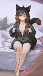 Rule 34 | 1girl, animal ears, bed sheet, black hair, black jacket, black tail, breasts, cat ears, cat girl, cat tail, collarbone, fang, highres, hood, hooded jacket, indoors, jacket, large breasts, long sleeves, looking at viewer, multicolored hair, nail polish, naked jacket, on bed, open clothes, orange eyes, orange hair, orange nails, orange tail, original, paintrfiend, partially unzipped, pillow, short hair, sitting, skin fang, solo, tail, thighs, two-tone hair, zipper, zipper pull tab