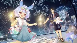1boy 1girl absurdres aerial_fireworks alternate_costume alternate_hairstyle animal_ears black_hair black_jacket black_shirt blue_hair blue_skirt bow braid breasts commentary_request eyewear_in_pocket eyewear_on_head fireworks foot_up genshin_impact grey_shirt heart heart-shaped_eyewear highres holding holding_fireworks hoyofair jacket light_blue_hair looking_at_viewer lumitoile_(genshin_impact) mademoiselle_crabaletta medium_breasts multicolored_hair night night_sky open_mouth outdoors red-framed_eyewear red_bow red_eyes romaritime_flower shiba_(tonari_no_shiba_inu) shirt sigewinne_(genshin_impact) skirt sky sparkler standing star-shaped_eyewear star_(symbol) streaked_hair tail tinted_eyewear white_hair white_shirt wriothesley_(genshin_impact)