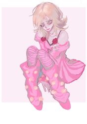 1girl bare_shoulders between_legs blonde_hair breasts cleavage commentary dress english_commentary flower flower_ornament full_body green_eyes hand_between_legs highres jojo_no_kimyou_na_bouken kayatyun leg_warmers looking_at_viewer lucy_steel makeup medium_hair off_shoulder pantyhose pink_dress pink_leg_warmers pink_shoes red_flower red_rose rose shoes sitting small_breasts solo steel_ball_run striped_clothes striped_pantyhose
