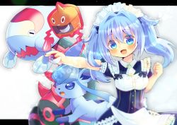 Rule 34 | 1girl, :d, alolan form, alolan vulpix, apron, blue dress, blue eyes, blue hair, blush, breasts, character request, commentary request, commission, dracovish, dress, frilled apron, frills, gen 4 pokemon, gen 7 pokemon, gen 8 pokemon, hair between eyes, hair intakes, holding, holding poke ball, indie virtual youtuber, kou hiyoyo, letterboxed, long hair, maid headdress, nintendo, open mouth, outstretched arm, poke ball, poke ball (basic), pokemon, pokemon (anime), pokemon (creature), pokemon sm (anime), puffy short sleeves, puffy sleeves, ribbon-trimmed sleeves, ribbon trim, rotom, rotom (heat), short sleeves, small breasts, smile, twintails, virtual youtuber, waist apron, white apron