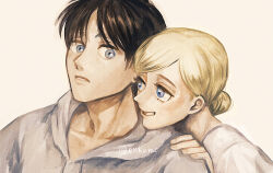 Rule 34 | 1boy, 1girl, artist name, bad id, bad twitter id, black hair, blonde hair, blue eyes, enko (bbbbin), eren yeager, grey eyes, hair bun, hand on another&#039;s shoulder, krista lenz, looking at another, shingeki no kyojin, short hair, simple background, single hair bun, smile, teeth, twitter username