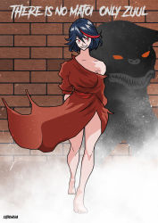 absurdres bare_legs bare_shoulders barefoot black_hair brick brick_wall brown_bricks corruption cosplay crossover dana_barret dana_barret_(cosplay) demon dress english_text evil_smile fang fog ghostbusters glowing glowing_eyes highres jasones3 kill_la_kill looking_at_viewer matoi_ryuuko orange_dress possessed possession red_eyes red_hair robe sash shadow sharp_teeth short_hair signature smile teeth walking wall warrior31992 zuul
