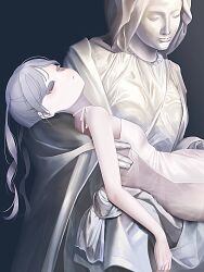 1girl absurdres bare_shoulders black_background dress expressionless fine_art_parody grey_eyes grey_hair highres long_hair lying on_back original parody pieta simple_background statue test_norma1 twintails white_dress