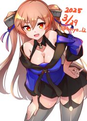 1girl black_skirt blue_shirt breasts brown_eyes brown_hair cleavage dated fang garter_straps hair_between_eyes highres johnston_(kancolle) kantai_collection leaning_forward long_hair looking_at_viewer medium_breasts miniskirt off_shoulder open_mouth sailor_collar school_uniform serafuku shirt skirt solo tanyou two_side_up very_long_hair