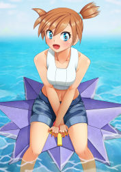 1girl asymmetrical_hair bare_shoulders blue_eyes blush breasts denim denim_shorts gen_1_pokemon gym_leader highres legs looking_at_viewer misty_(pokemon) navel nintendo open_mouth orange_hair pokemon pokemon_(creature) pokemon_lgpe ponytail sei_(6862879) shirt short_hair short_shorts shorts side_ponytail smile starmie white_shirt