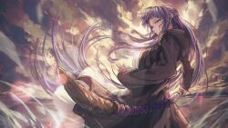 Rule 34 | 1girl, absurdres, arm at side, arm behind back, black coat, closed mouth, cloud, cloudy sky, coat, commentary request, day, dress, endroll00, feet out of frame, fern (sousou no frieren), floating clothes, floating hair, from side, highres, holding, holding staff, hood, hooded coat, light particles, long coat, long dress, long hair, long sleeves, looking at viewer, mage staff, mountainous horizon, outdoors, purple eyes, purple hair, serious, sky, solo, sousou no frieren, staff, standing, turning head, very long hair, white dress
