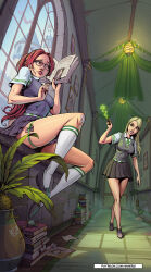 2girls absurdres artist_name bandaid bandaid_on_knee bandaid_on_leg black_shoes blonde_hair book book_stack breasts collared_shirt covering_face daphne_greengrass day earrings frilled_thigh_strap glasses green_eyes green_necktie harry_potter_(series) highres hogwarts_school_uniform holding holding_book holding_wand indoors innocent_witches_(fangame) jewelry long_hair looking_at_viewer medium_breasts mole mole_under_eye multiple_girls necktie nola_corey open_book photo_(object) plant pleated_skirt potted_plant red_hair school_uniform shirt shoes short_sleeves sitting skirt snake_earrings standing sweater_vest thigh_strap valerii_siserg wand watermark web_address white_shirt windowsill wizarding_world