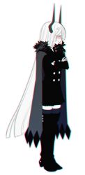 anger_vein bad_id bad_pixiv_id black_skirt black_suit blush boots buttons cape chromatic_aberration collared_shirt crossed_arms demon_girl formal_clothes funamusea gender_request genderswap haiiro_teien horns itariadoitsu kcalb knee_boots kneehighs long_hair looking_away necktie shirt skirt socks solo suit white_hair