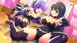 Rule 34 | 2girls, accident, angel mort, artist request, black collar, black hair, black leotard, black thighhighs, blue eyes, blunt bangs, booth seating, breasts, broken glass, cleavage, collar, crossover, detached collar, game cg, glass, hanyuu, high heels, highres, higurashi no naku koro ni, higurashi no naku koro ni mei, horns, ice, ikaruga (senran kagura), indoors, large breasts, leotard, long sleeves, medium breasts, multiple girls, non-web source, official art, on floor, open mouth, purple eyes, purple hair, red shoes, senran kagura, shoes, thighhighs, thighs, water, wet