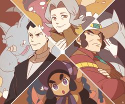 2boys 2girls bertha_(pokemon) black_background black_hair bonnet bright_pupils brown_background brown_eyes clay_(pokemon) cowboy_hat creature crossed_arms elite_four excadrill frown furrowed_brow gen_1_pokemon gen_4_pokemon gen_5_pokemon gen_7_pokemon giovanni_(pokemon) grey_eyes grey_hair gym_leader hapu_(pokemon) hat hippowdon hippowdon_(male) island_kahuna long_hair looking_at_viewer medium_hair mudsdale multiple_boys multiple_girls nintendo old old_woman parted_bangs pokemon pokemon_(creature) pokemon_dppt pokemon_frlg rhydon sideburns signature ssalbulre standing