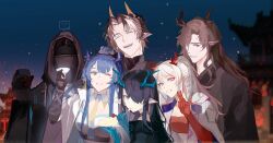 Rule 34 | 1other, 2boys, 3girls, ^ ^, absurdres, arknights, cheesecake, chinese commentary, chongyue (arknights), closed eyes, commentary request, cup, doctor (arknights), dragon boy, dragon girl, dragon horns, dusk (arknights), facing viewer, food, group picture, highres, holding, holding cup, holding food, holding plate, holding spoon, horns, ling (arknights), looking at viewer, multiple boys, multiple girls, nian (arknights), one eye closed, one eye covered, plate, pointy ears, somnolence (hranxy), speech bubble, spoken expression, spoon, sui (arknights), upper body, v