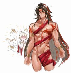 2boys abs absurdres asura_(onmyoji) black_hair blonde_hair blush bracelet chest_tattoo closed_mouth commentary commentary_request covered_penis covering_own_eyes cowboy_shot cropped_legs earrings eyeliner facial_mark highres jewelry konsai_2 long_hair looking_down makeup male_focus meme multicolored_hair multiple_boys muscular muscular_male naked_ribbon navel nude_guy_wrapped_in_ribbons_standing_(meme) onmyoji pectorals red_eyeliner red_hair red_tattoo ribbon short_hair simple_background sketch streaked_hair taishakuten_(onmyoji) tattoo two-tone_hair white_background yaoi