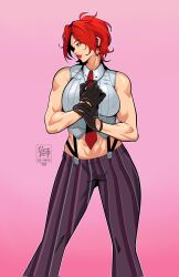 1girl a.b.singh abs alternate_muscle_size bare_shoulders biceps black_gloves breasts crop_top cropped_shirt gloves highres large_breasts lipstick looking_at_viewer makeup mature_female midriff muscular muscular_female navel necktie obliques pants pinstripe_pants pinstripe_pattern red_eyes red_hair red_necktie shirt short_hair sleeveless snk solo square-end_necktie striped_clothes striped_pants suspenders the_king_of_fighters the_king_of_fighters_xiv thick_thighs thighs tie_clip toned vanessa_(kof) vertical-striped_clothes vertical-striped_pants