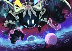 absurdres colored_skin crown harufune highres horns kirby kirby&#039;s_return_to_dream_land kirby_(series) looking_at_another magolor magolor_soul master_crown nintendo no_humans pink_skin rayman_limbs signature solid_oval_eyes sparkle wings