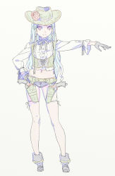 1girl bad_feet boots braid cowboy_hat crop_top enkyo_yuuichirou female_focus gloves green_hair gun handgun hat highres midriff navel original revolver short_shorts shorts simple_background smile solo weapon