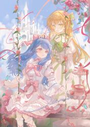 2girls blinklikeer blonde_hair blue_hair blue_sky bow bow_choker bow_legwear bowtie braid cake castle center_frills choker cloud collarbone commission criss-cross_halter cross-laced_clothes cross-laced_dress day dress dress_bow expressionless eyelashes feet_out_of_frame flower food frilled_bow frilled_choker frilled_dress frilled_garter frilled_sleeves frilled_socks frills green_bow green_bowtie green_choker hair_bow half_up_braid halterneck hand_on_another&#039;s_head happy highres juliet_sleeves kneehighs leg_ribbon light_blush long_hair long_sleeves looking_at_another low-tied_sidelocks medium_dress multiple_girls multiple_hair_bows on_swing original outdoors parted_lips pink_bow pink_bowtie pink_eyes pink_flower pink_ribbon pink_rose puffy_sleeves ribbon ribbon-trimmed_sleeves ribbon_trim rose sample_watermark sidelocks sitting sky sleeve_bow sleeve_garter sleeves_past_wrists socks square_neckline standing striped_clothes striped_dress swing vertical-striped_clothes vertical-striped_dress watermark white_choker white_dress white_socks