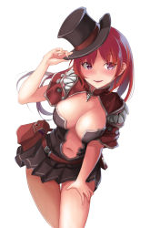 1girl bag black_dress blush breasts capelet cleavage contrapposto cowboy_shot creator_(ragnarok_online) dress hand_on_headwear hand_on_own_thigh hat hat_tip highres jaws leaning_forward leaning_to_the_side lips long_hair looking_to_the_side medium_breasts navel parted_lips pleated_skirt plunging_neckline purple_eyes ragnarok_online red_hair sail_(sail-away) short_dress simple_background skirt sleeveless smile solo spiral strapless strapless_dress thigh_gap top_hat white_background