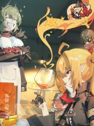 1boy 2girls 3others ahoge apron artist_request bad_tag black_gloves black_horns black_jacket blonde_hair caesar_king_(zenless_zone_zero) clenched_teeth closed_eyes copyright_logo copyright_name covering_own_mouth crossed_arms cup fake_horns food fur_trim gloves green_hair hair_between_eyes hair_ornament hat helmet highres holding holding_cup horns jacket lighter_(zenless_zone_zero) long_sleeves luciana_de_montefio lucy&#039;s_crew_(zenless_zone_zero) multiple_girls multiple_others official_art party_hat short_hair side_ponytail smile steam steaming_food sunglasses teeth white_apron x_hair_ornament zenless_zone_zero