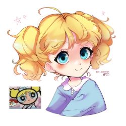 1girl absurdres blue_eyes blue_pajamas bubbles_(ppg) buttercup_redraw_challenge_(meme) cropped_torso derivative_work highres looking_at_viewer meme pajamas powerpuff_girls pr_ponnyan reference_inset screenshot_inset screenshot_redraw solo star_(symbol) twintails white_background