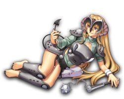 Rule 34 | &gt;:3, armor, barefoot, black nails, black tail, blonde hair, breastplate, cleavage cutout, closed mouth, clothing cutout, demon girl, halo, highres, holding tail, horns, long hair, mask, miniskirt, spiked mace, nail polish, pauldrons, pillow, purple eyes, shoulder armor, skirt, tail, toenail polish, toenails, tooth, transparent background, undershirt, uruido, white horns, wristband